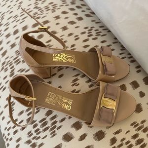 Ferragamo Vara Bow patent leather sandal, 2 inch block heel. Worn 3x. No scuffs